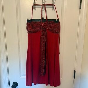 Red Sequin Halter Festive Holiday Dress